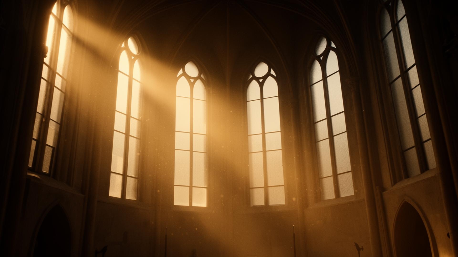 Luz dourada atravessando vitrais de uma catedral